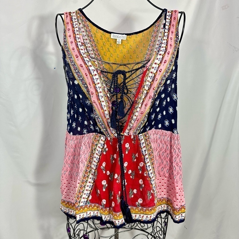 Patrons of Peace paisley floral print v neck front tie tank size S